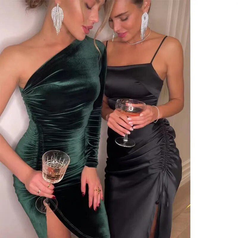 2023. Nova jednobojna baršunasta midi haljina s dugim rukavima i jednim ramenom s prorezima, seksi party club elegantne haljine uz rub Femme Robe Longue