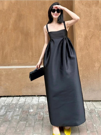 Rochie maxi neagră pentru femei, fără mâneci, solidă, de vară, fără spate, vintage, fraged, stil francez, simplu, slim, clasic, rochie feminina