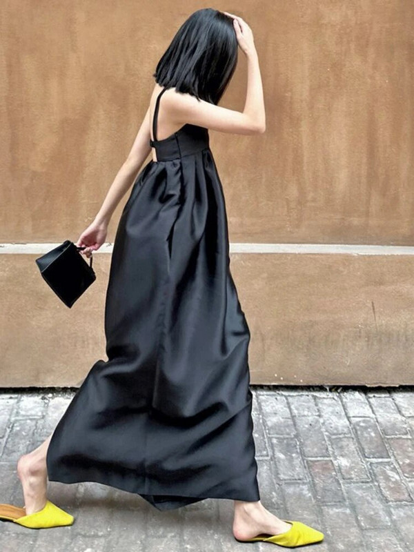 Rochie maxi neagră pentru femei, fără mâneci, solidă, de vară, fără spate, vintage, fraged, stil francez, simplu, slim, clasic, rochie feminina