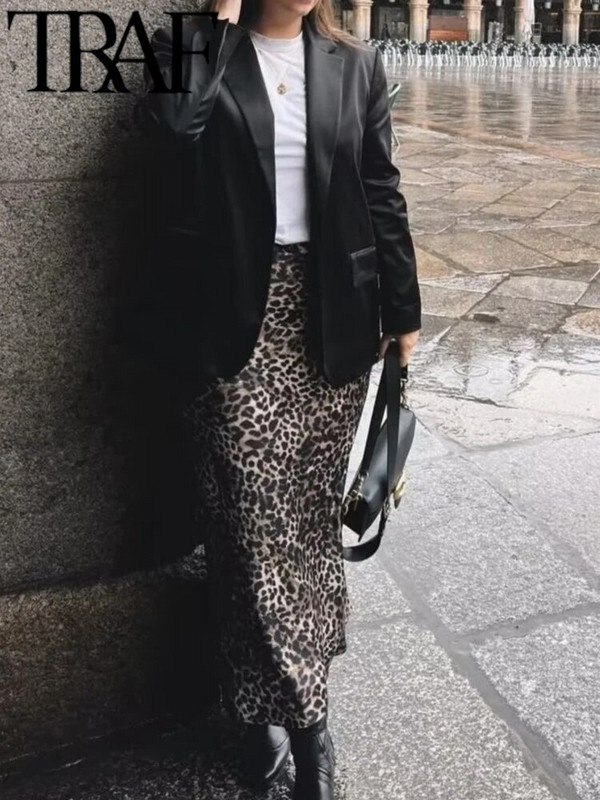 TRAF 2024 tavaszi elegáns női szatén állatmintás szoknya cipzáras, női magas derekú, midi hosszú szoknya Y2K aljú