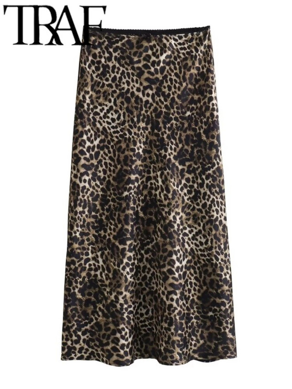 TRAF 2024 tavaszi elegáns női szatén állatmintás szoknya cipzáras, női magas derekú, midi hosszú szoknya Y2K aljú