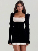 Mini rochie elegantă din catifea mozaic pentru femei, la modă, cu gât pătrat, cu mânecă lungă, plisată, rochii bodycon, 2023, haină de club pentru petrecere, elegantă