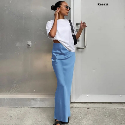 KAAAZI Elegantné štíhle saténové čierne trúbkové sukne, módne sukne s vysokým pásom pre ženy, jar/leto 2023, jednofarebné, kancelárske, dlhé