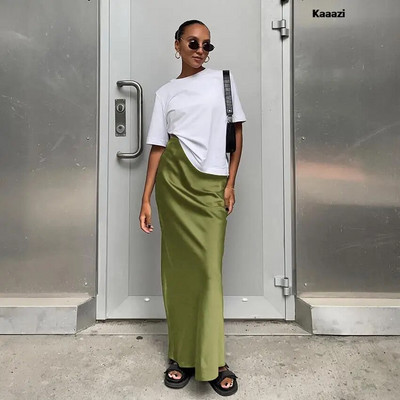 KAAAZI Elegantné štíhle saténové čierne trúbkové sukne, módne sukne s vysokým pásom pre ženy, jar/leto 2023, jednofarebné, kancelárske, dlhé