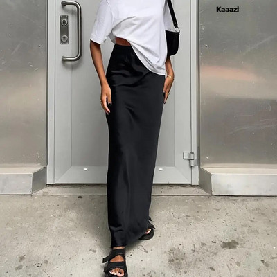 KAAAZI Elegantné štíhle saténové čierne trúbkové sukne, módne sukne s vysokým pásom pre ženy, jar/leto 2023, jednofarebné, kancelárske, dlhé