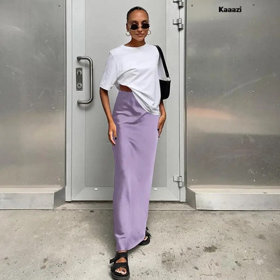 KAAAZI Elegantné štíhle saténové čierne trúbkové sukne, módne sukne s vysokým pásom pre ženy, jar/leto 2023, jednofarebné, kancelárske, dlhé