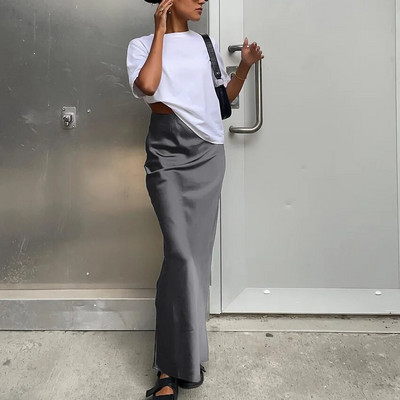 KAAAZI Elegantné štíhle saténové čierne trúbkové sukne, módne sukne s vysokým pásom pre ženy, jar/leto 2023, jednofarebné, kancelárske, dlhé
