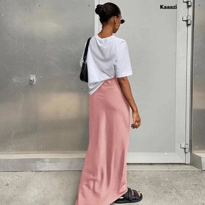 KAAAZI Elegantné štíhle saténové čierne trúbkové sukne, módne sukne s vysokým pásom pre ženy, jar/leto 2023, jednofarebné, kancelárske, dlhé