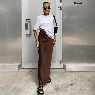 KAAAZI Elegantné štíhle saténové čierne trúbkové sukne, módne sukne s vysokým pásom pre ženy, jar/leto 2023, jednofarebné, kancelárske, dlhé