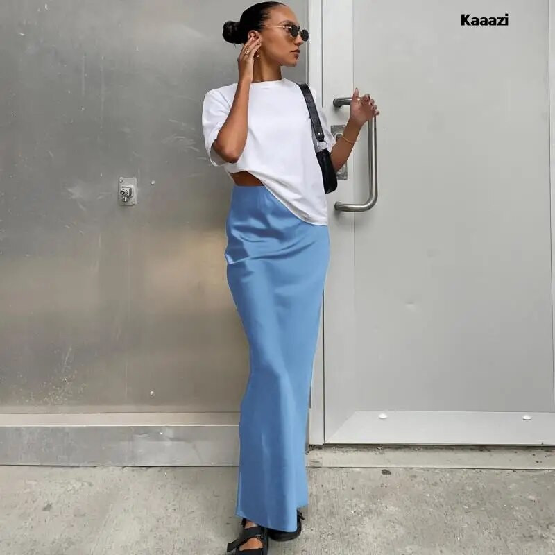 KAAAZI Elegantné štíhle saténové čierne trúbkové sukne, módne sukne s vysokým pásom pre ženy, jar/leto 2023, jednofarebné, kancelárske, dlhé