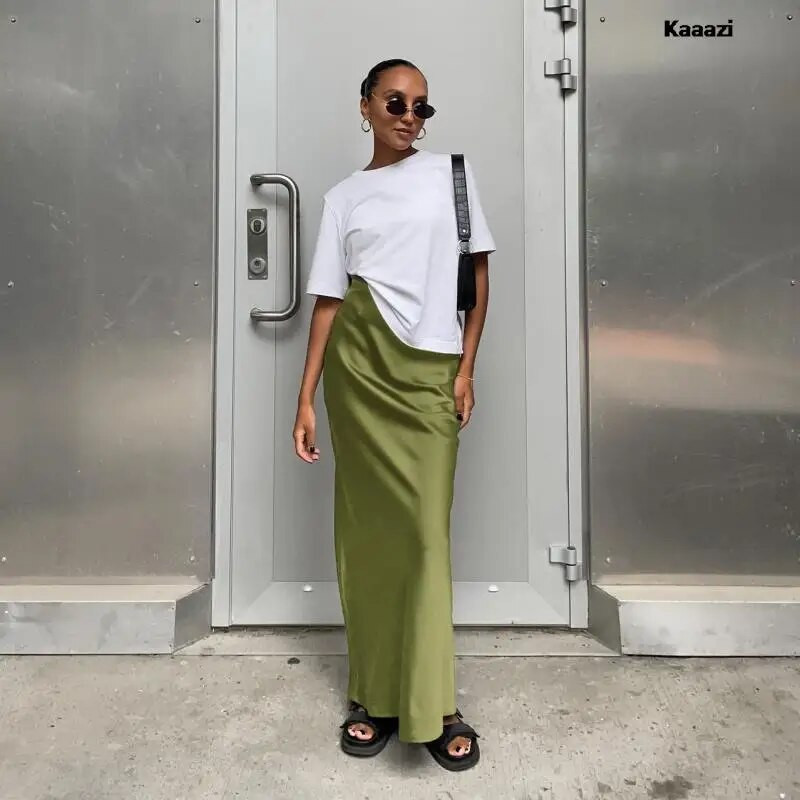 KAAAZI Elegantné štíhle saténové čierne trúbkové sukne, módne sukne s vysokým pásom pre ženy, jar/leto 2023, jednofarebné, kancelárske, dlhé