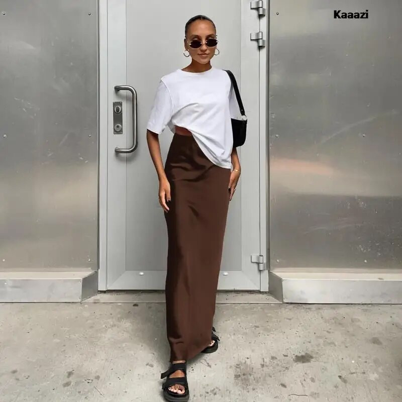 KAAAZI Elegantné štíhle saténové čierne trúbkové sukne, módne sukne s vysokým pásom pre ženy, jar/leto 2023, jednofarebné, kancelárske, dlhé