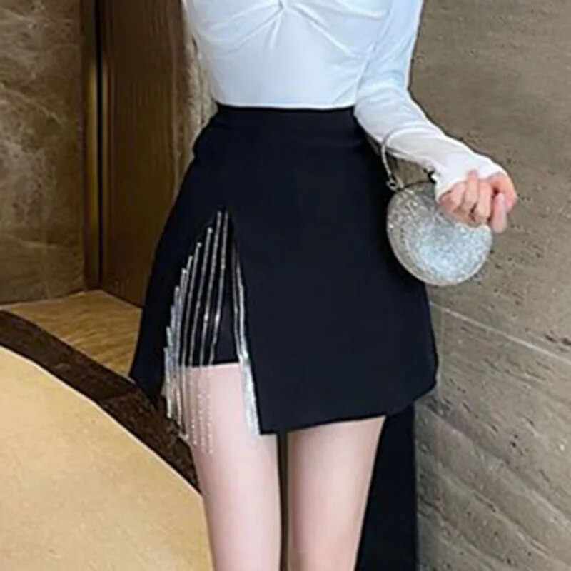 Modne mini suknje s bočnim rascjepom za žene Korejska suknja A-kroja s kićankama visokog struka Ženska seksi s podstavom Suknja s patentnim zatvaračem na bokovima