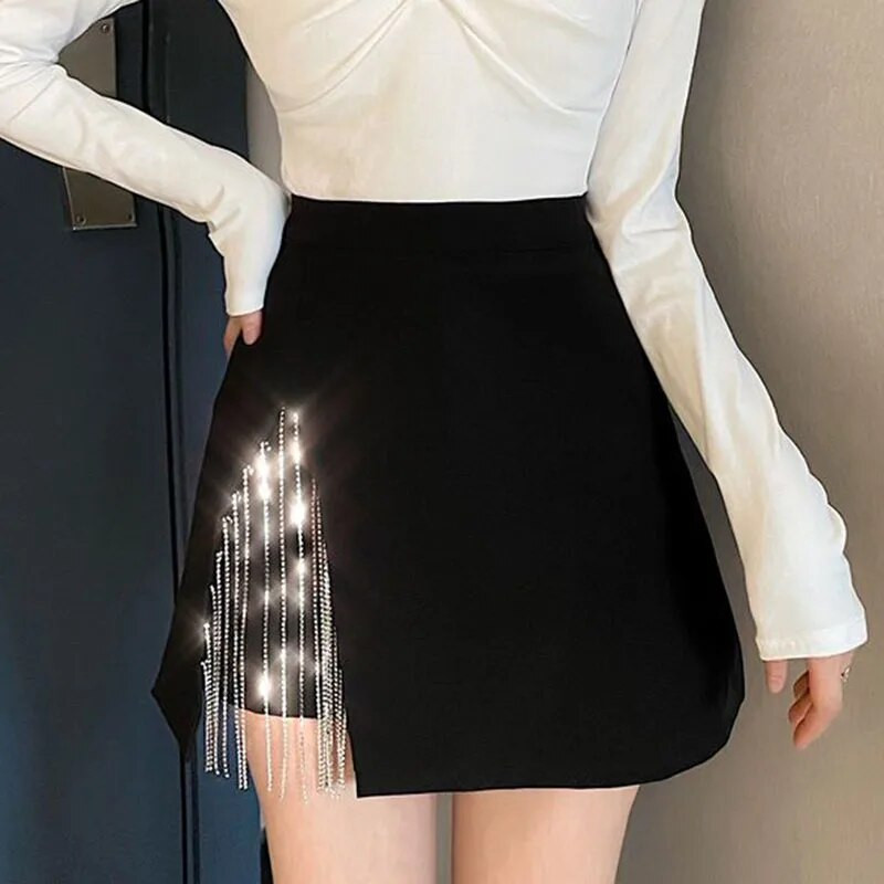 Modne mini suknje s bočnim rascjepom za žene Korejska suknja A-kroja s kićankama visokog struka Ženska seksi s podstavom Suknja s patentnim zatvaračem na bokovima
