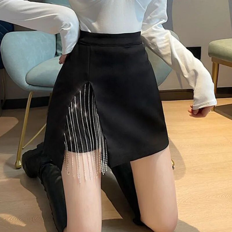Modne mini suknje s bočnim rascjepom za žene Korejska suknja A-kroja s kićankama visokog struka Ženska seksi s podstavom Suknja s patentnim zatvaračem na bokovima