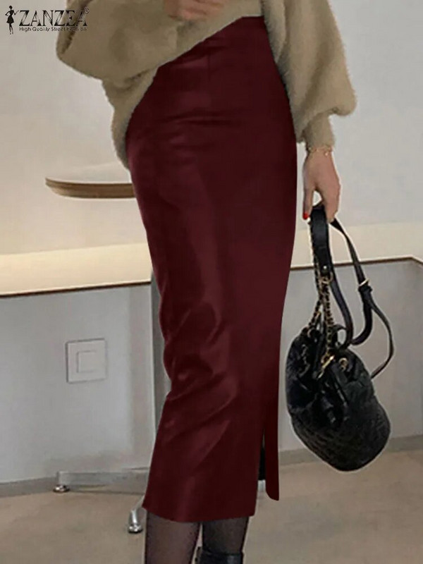 Fuste de modă cu fante laterale ZANZEA din piele PU femei elegante talie înaltă bodycon teaca midi Jupes 2023 toamna sexy subțiri faldas mujer
