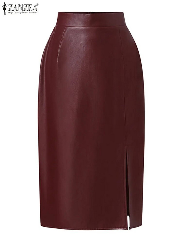 Fuste de modă cu fante laterale ZANZEA din piele PU femei elegante talie înaltă bodycon teaca midi Jupes 2023 toamna sexy subțiri faldas mujer