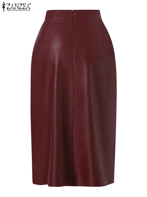 Fuste de modă cu fante laterale ZANZEA din piele PU femei elegante talie înaltă bodycon teaca midi Jupes 2023 toamna sexy subțiri faldas mujer
