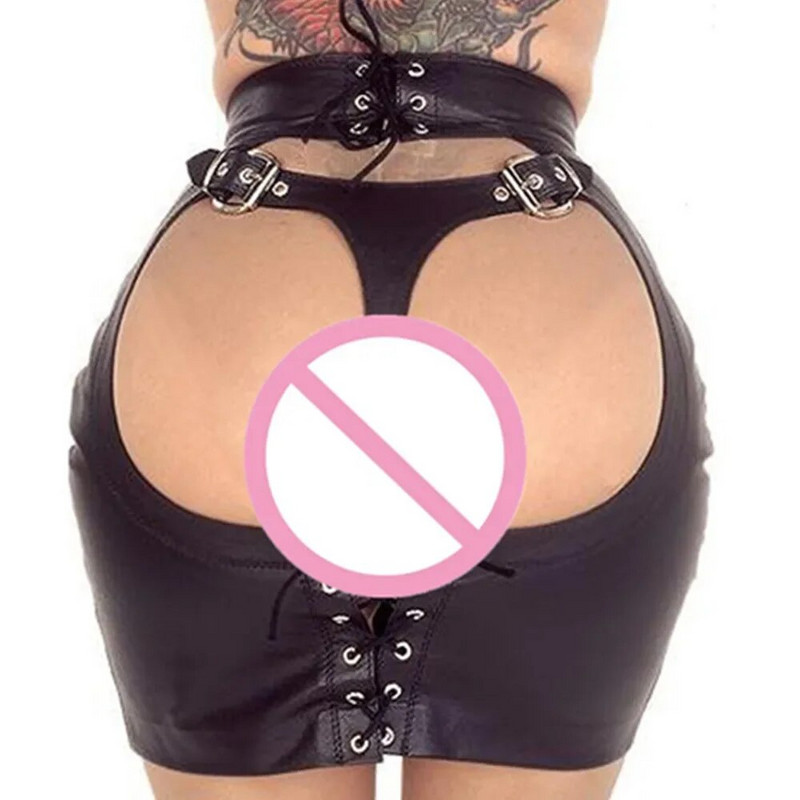 Reguliuojamas tvarsliava atviras užpakalinis klubo dirbtinės odos sijonas moteriškas fetišas, erotinis atviras užpakalis ClubWear mini sijonas