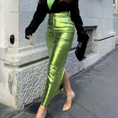 Fuste lungi cu fante strălucitoare și sexy pentru femei cu talie înaltă, verde metalizat, fustă maxi subțire, vara 2023, Harajuku, haine elegante cu zână grunge