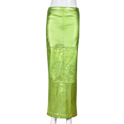 Fuste lungi cu fante strălucitoare și sexy pentru femei cu talie înaltă, verde metalizat, fustă maxi subțire, vara 2023, Harajuku, haine elegante cu zână grunge