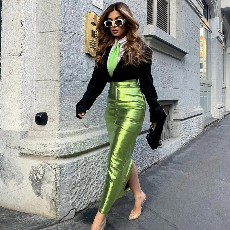 Fuste lungi cu fante strălucitoare și sexy pentru femei cu talie înaltă, verde metalizat, fustă maxi subțire, vara 2023, Harajuku, haine elegante cu zână grunge