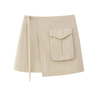 Zevity Moterų madinga kišenė su aukštu juosmeniu suvarstoma Asimetriškas mini sijonas Faldas Mujer moteriškas prašmatnus užtrauktukas Vestidos QUN3450