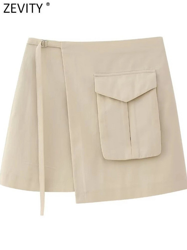 Zevity Moterų madinga kišenė su aukštu juosmeniu suvarstoma Asimetriškas mini sijonas Faldas Mujer moteriškas prašmatnus užtrauktukas Vestidos QUN3450