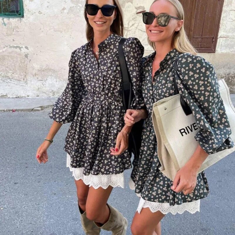 Jesen Zima Vintage korzet Princess haljina s cvjetnim uzorkom Y2K INS Elegantna duga haljina s lanternastim rukavima i samostojećim ovratnikom visokog struka
