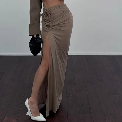 Kriptografiniai elegantiški ruched suskirstyti maksi sijonai moterims su gėlėmis su aplikacijomis, madinga apranga atostogoms paplūdimio apranga sijonas apačioje