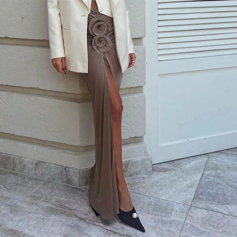 Kriptografiniai elegantiški ruched suskirstyti maksi sijonai moterims su gėlėmis su aplikacijomis, madinga apranga atostogoms paplūdimio apranga sijonas apačioje