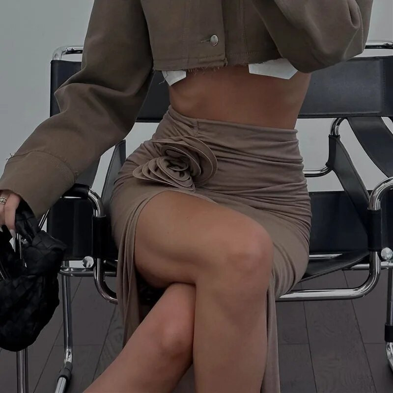 Kriptografiniai elegantiški ruched suskirstyti maksi sijonai moterims su gėlėmis su aplikacijomis, madinga apranga atostogoms paplūdimio apranga sijonas apačioje