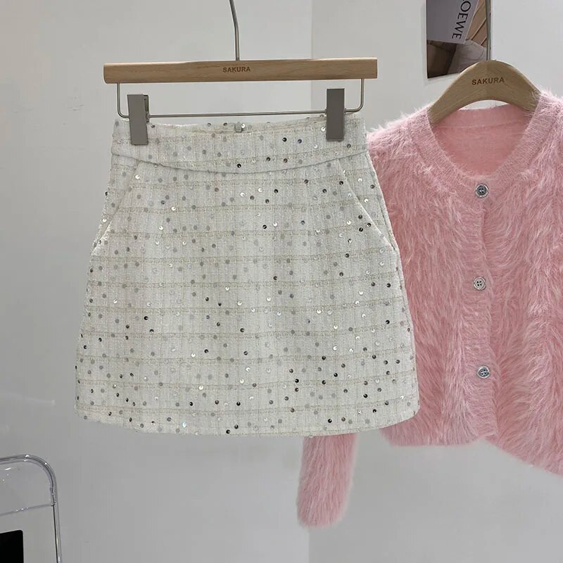 KUSAHIKI Jesen 2023. Nova korejska moda Ženska šljokica od tvida visokog struka Elegantna mini Y2k suknja A kroja Mujer Faldas