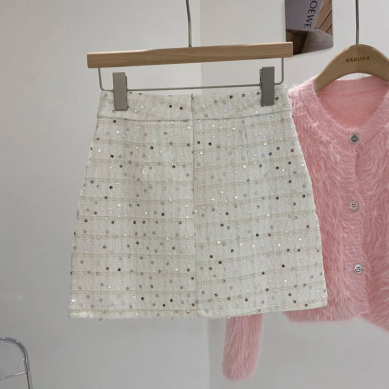 KUSAHIKI Jesen 2023. Nova korejska moda Ženska šljokica od tvida visokog struka Elegantna mini Y2k suknja A kroja Mujer Faldas