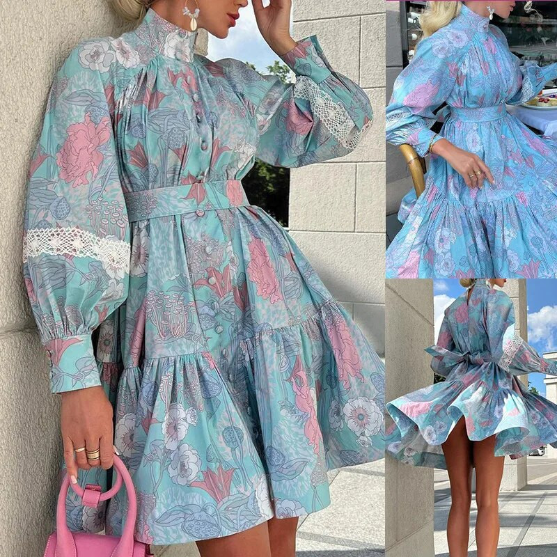 Ženska elegantna vintage boemska haljina s dolčevitom s cvjetnim uzorkom, modna ležerna haljina s dugim lanternastim rukavima i visokim strukom, korzet s volanima
