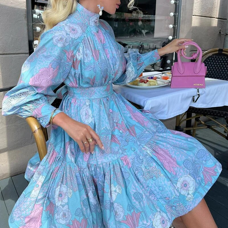 Ženska elegantna vintage boemska haljina s dolčevitom s cvjetnim uzorkom, modna ležerna haljina s dugim lanternastim rukavima i visokim strukom, korzet s volanima