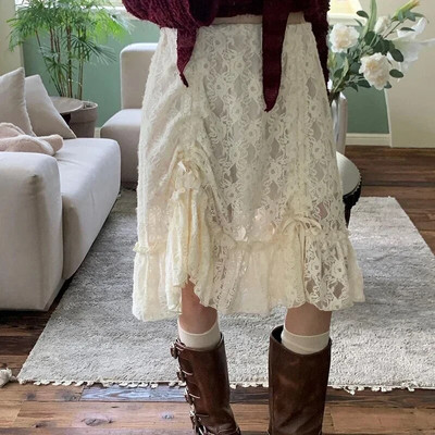 Y2K bež Fairycore Boho asimetrične čipkaste suknje s rubovima Ženske vintage ljetne Harajuku praznične haljine s niskim strukom Novo