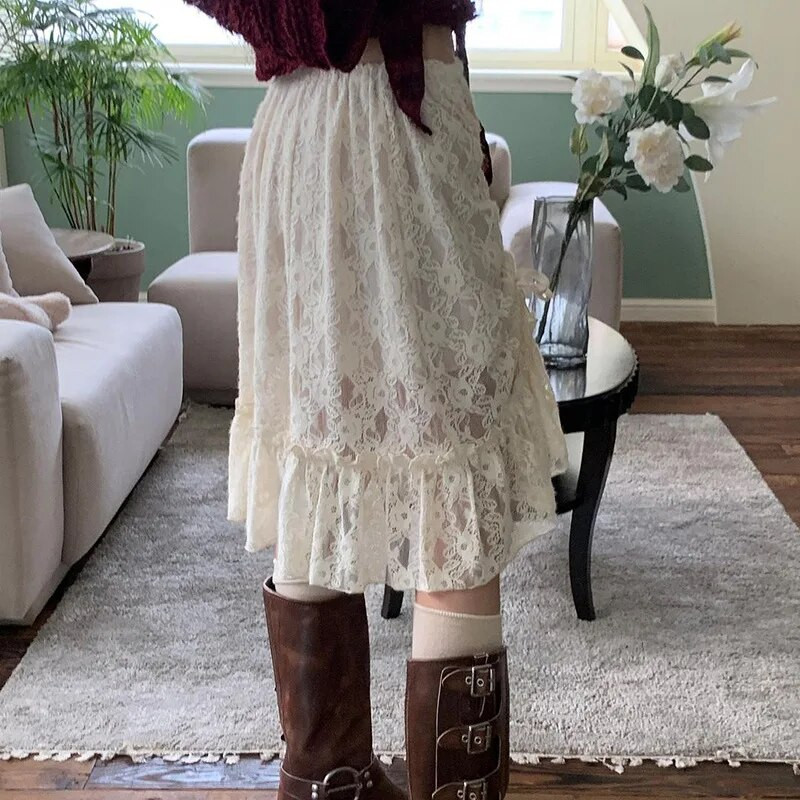 Y2K bež Fairycore Boho asimetrične čipkaste suknje s rubovima Ženske vintage ljetne Harajuku praznične haljine s niskim strukom Novo