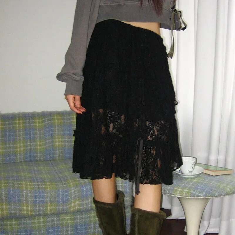 Y2K bež Fairycore Boho asimetrične čipkaste suknje s rubovima Ženske vintage ljetne Harajuku praznične haljine s niskim strukom Novo
