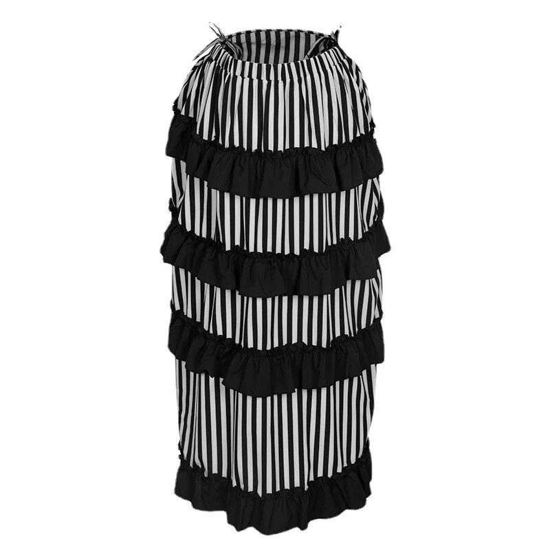 Fekete-fehér csíkos fodrok Állítható hossz Aszimmetrikus Női Steampunk Vintage szoknya Viktoriánus gótikus ruházat Hosszú szoknyák
