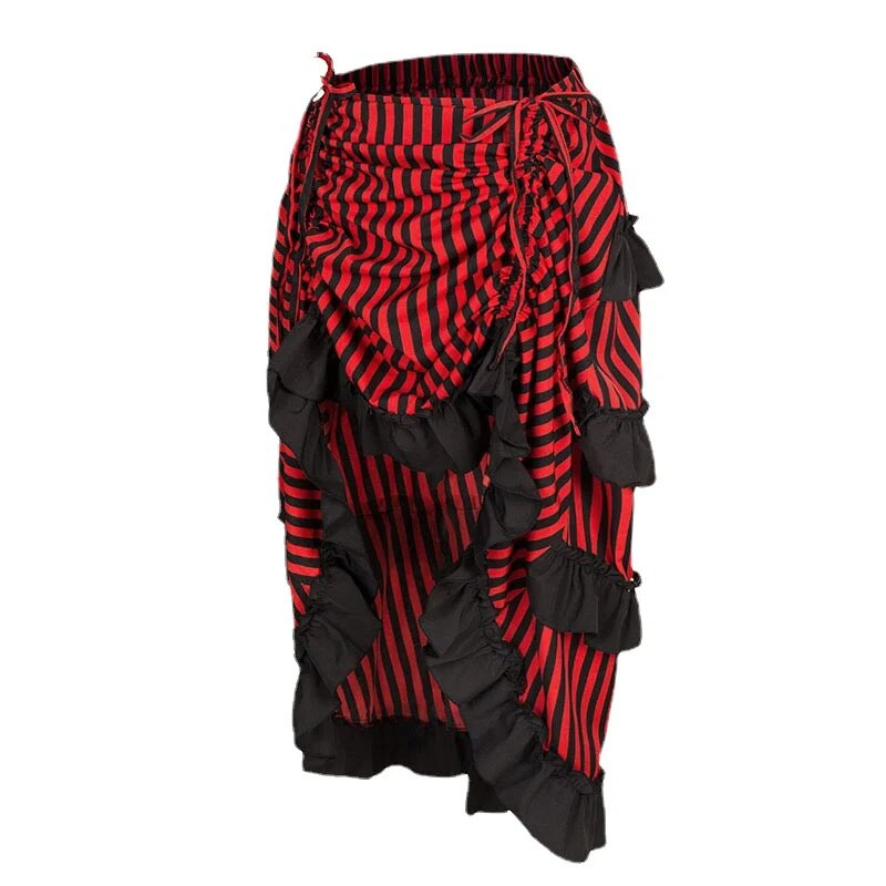 Fekete-fehér csíkos fodrok Állítható hossz Aszimmetrikus Női Steampunk Vintage szoknya Viktoriánus gótikus ruházat Hosszú szoknyák