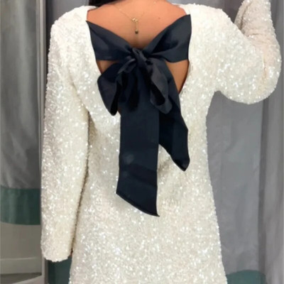 Flitteres fehér ruha nőknek masni, hosszú ujjú, o-nyakú miniruhák női 2023-as téli divatbuli klub Női Vestido