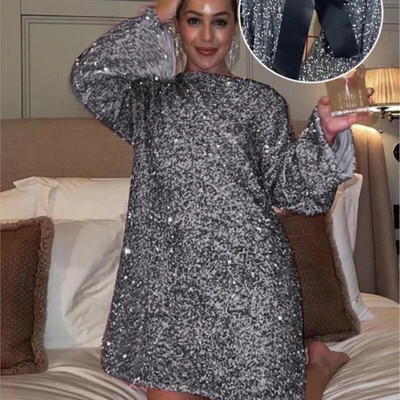 Flitteres fehér ruha nőknek masni, hosszú ujjú, o-nyakú miniruhák női 2023-as téli divatbuli klub Női Vestido