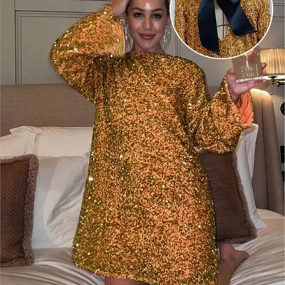 Flitteres fehér ruha nőknek masni, hosszú ujjú, o-nyakú miniruhák női 2023-as téli divatbuli klub Női Vestido