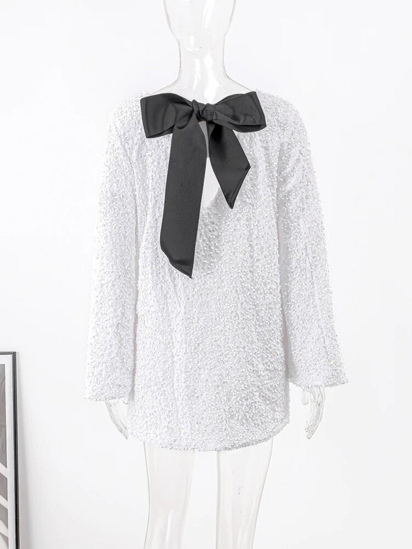 Flitteres fehér ruha nőknek masni, hosszú ujjú, o-nyakú miniruhák női 2023-as téli divatbuli klub Női Vestido