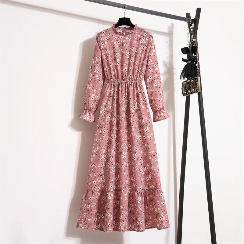 Jesensko proljeće Vestido Ženske šifonske haljine punih rukava Vintage cvjetni patentni zatvarač s printom Ležerna duga haljina Ženske maksi haljine