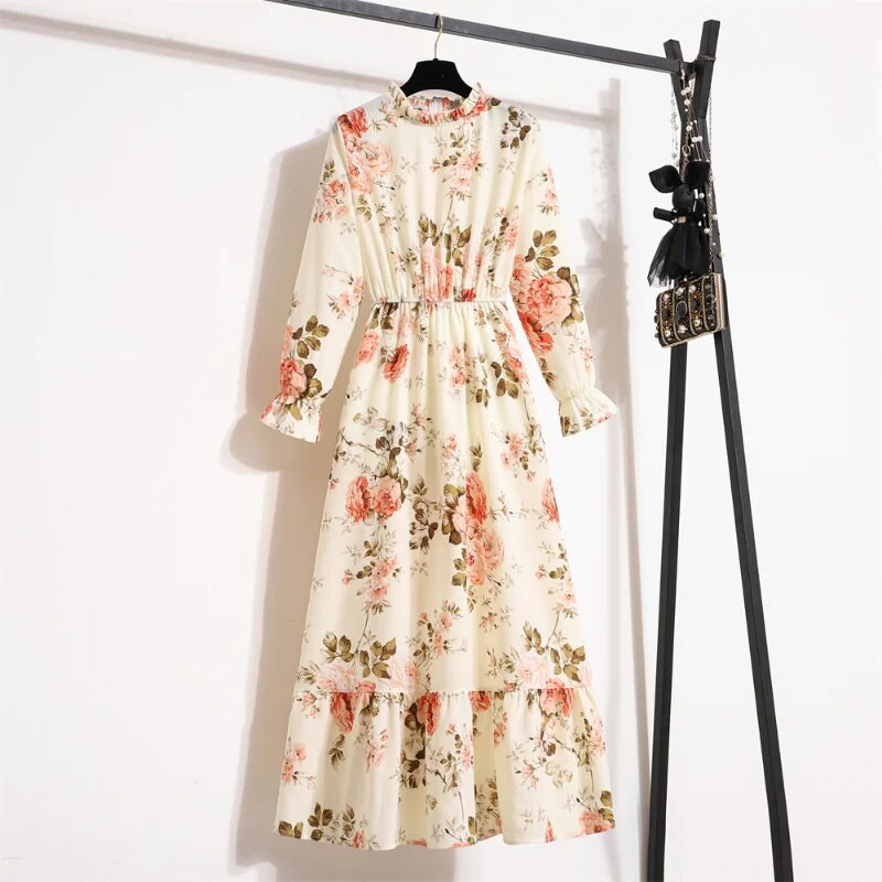 Jesensko proljeće Vestido Ženske šifonske haljine punih rukava Vintage cvjetni patentni zatvarač s printom Ležerna duga haljina Ženske maksi haljine