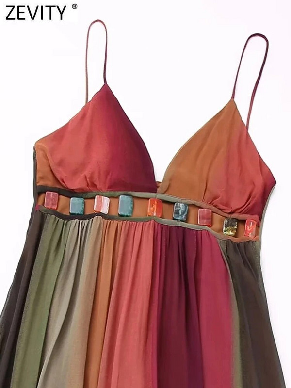 Zevity ženske seksi V izrez šarene prugaste haljine do struka s kamenim dizajnom Ženska šik midi vestidos za zabavu bez leđa DS4758