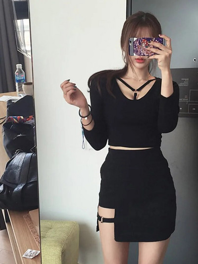 Stil coreean Pachet negru Fuste la șold Neregulat Hem Creion Micro Mini Fusta Sexy Slim Women Party Fuste