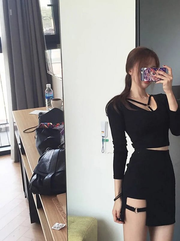 Korėjietiško stiliaus juodi sijonai klubams, netaisyklingo apvado pieštukas, mikro mini sijonas Seksualūs ploni moteriški vakarėlių sijonai